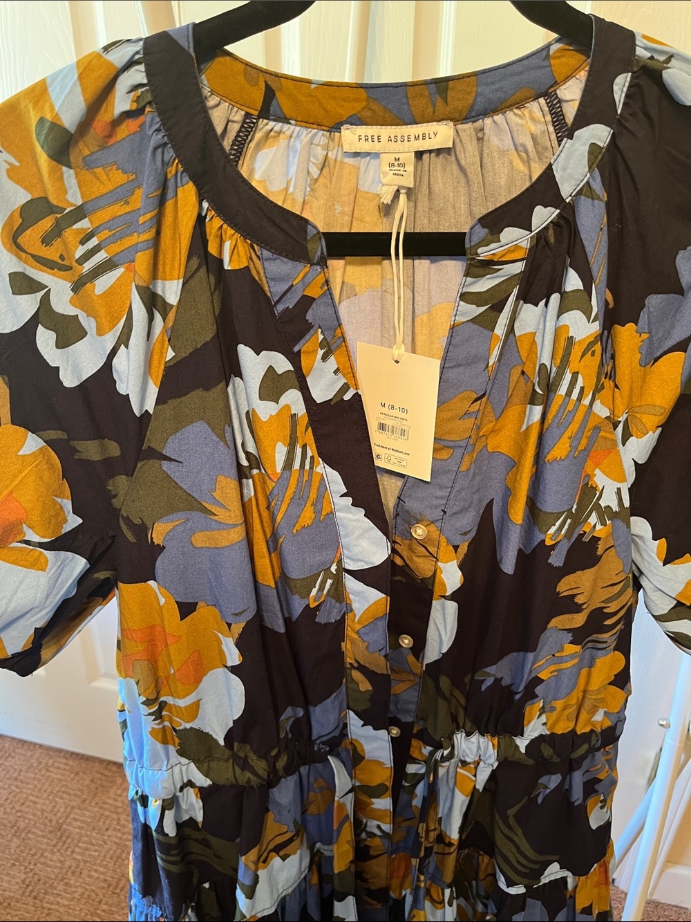 Floral Button-Front Midi Dress in Navy, Mustard & Light Blue